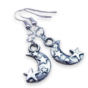 New Sterling Silver Moon With Stars Bohemian Hypoallergenic Dangle Earrings